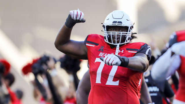 Oct 8, 2022; Cincinnati, Ohio, USA; Cincinnati Bearcats offensive lineman James Tunstall (72) reacts after the victory over the South Florida Bulls at Nippert Stadium. Mandatory Credit: Katie Stratman-USA TODAY Sports  